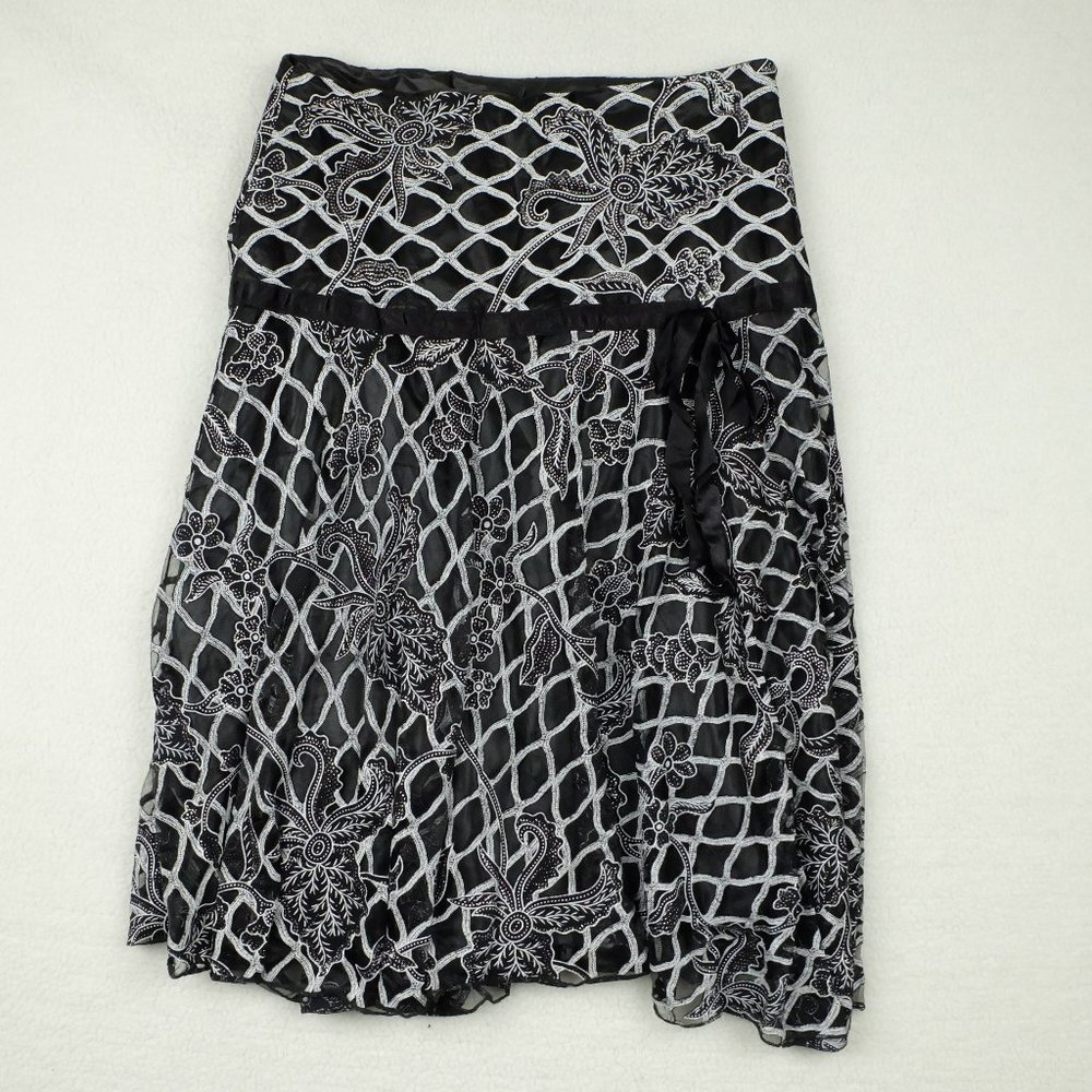 Hand Made Womens Circle Skirt 10 Black White Floral Geometric Midi Sheer